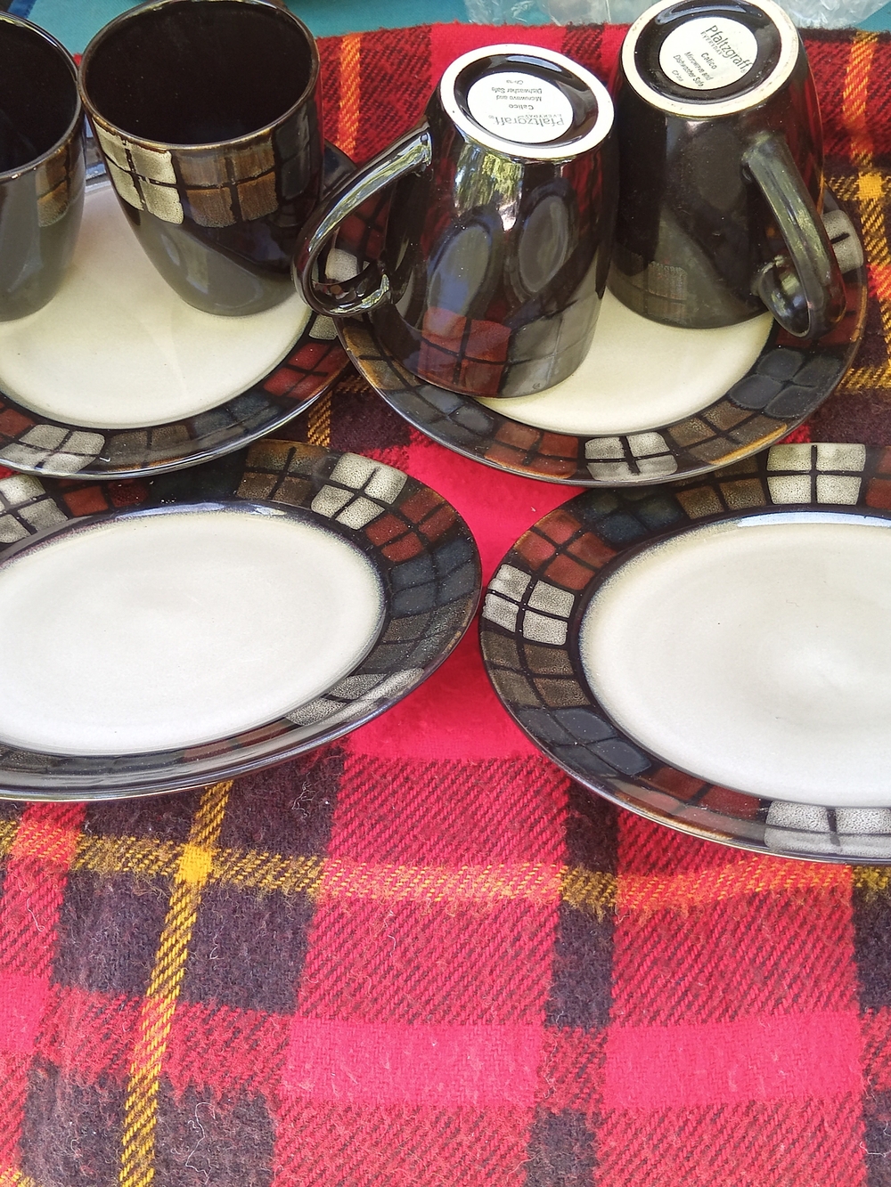 Pfaltzgraff Black, Cream and Brown Mosaic Accent Mugs and Plates